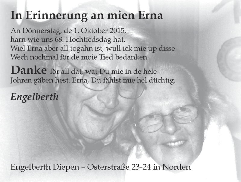 Traueranzeigen von Erna Diepen | OK-Trauer.de