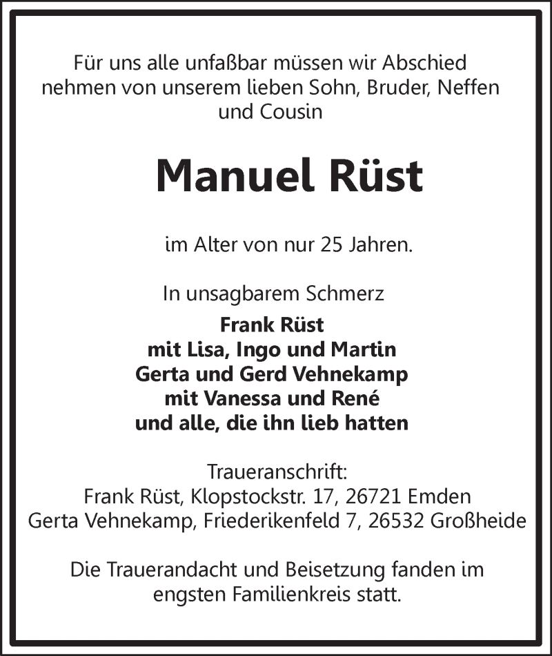  Traueranzeige für Manuel Rüst vom 10.10.2015 aus 
