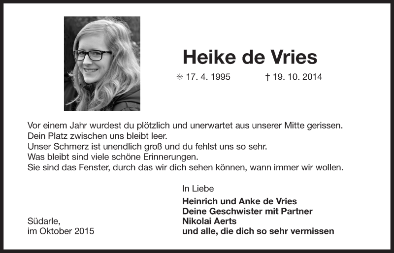  Traueranzeige für Heike de Vries vom 19.10.2015 aus 