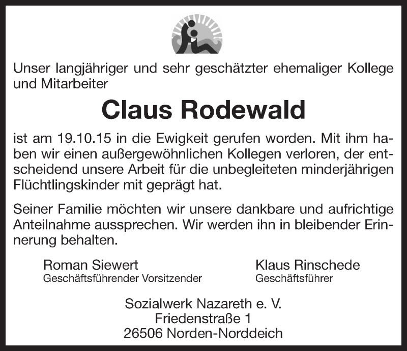  Traueranzeige für Claus Rodewald vom 23.10.2015 aus 