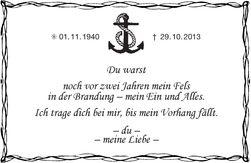  Traueranzeige für Meine Liebe  vom 29.10.2015 aus 
