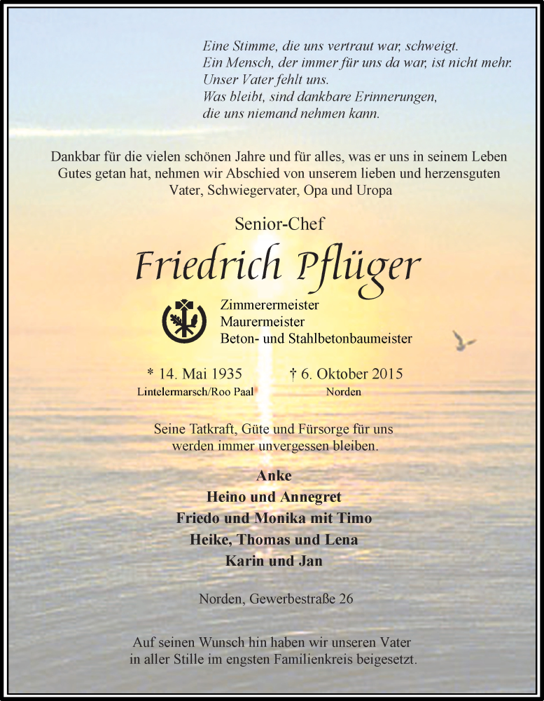  Traueranzeige für Friedrich Pflüger vom 10.10.2015 aus 