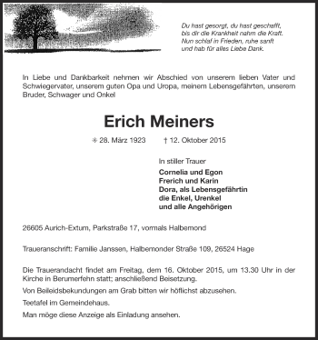 Traueranzeige von Erich Meiners 