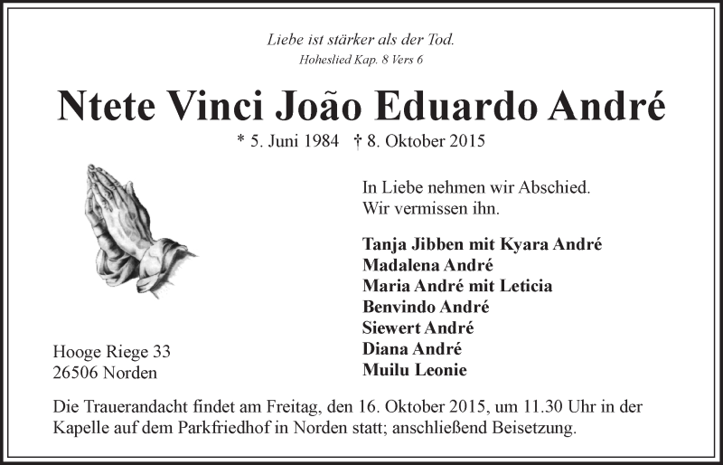  Traueranzeige für Ntete Vinci Joao Eduardo André vom 14.10.2015 aus 