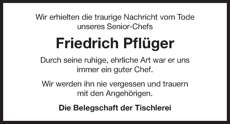  Traueranzeige für Friedrich Pflüger vom 10.10.2015 aus 