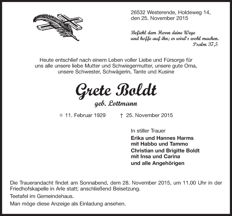  Traueranzeige für Grete Boldt vom 27.11.2015 aus 