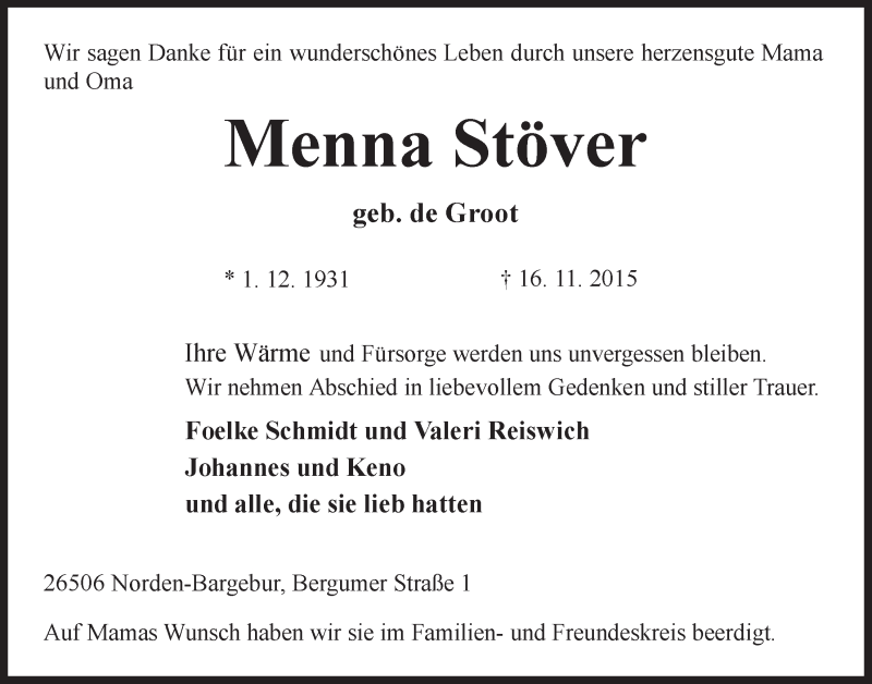  Traueranzeige für Menna Stöver vom 21.11.2015 aus 
