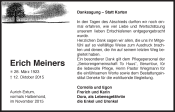Traueranzeige von Erich Meiners 