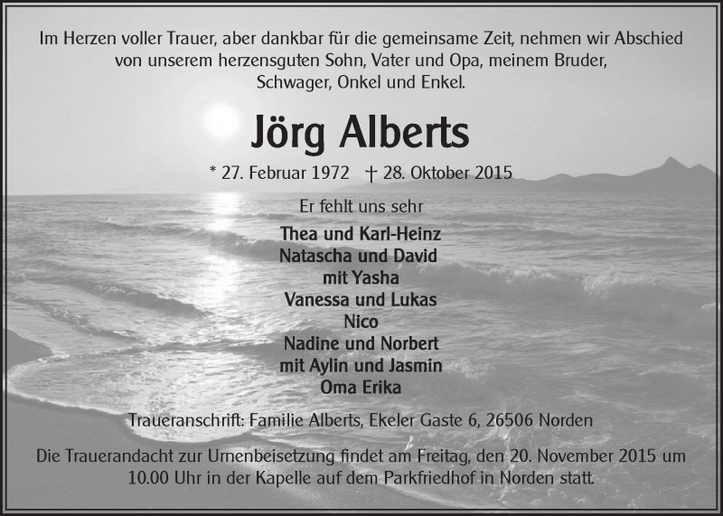  Traueranzeige für Jörg Alberts vom 18.11.2015 aus 
