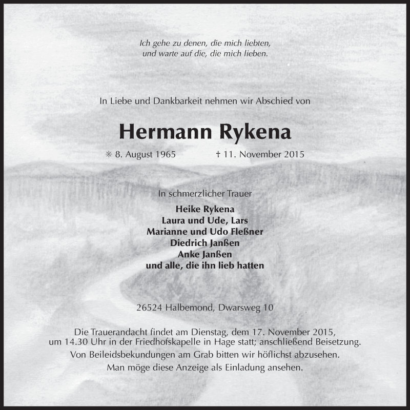  Traueranzeige für Hermann Rykena vom 12.11.2015 aus 