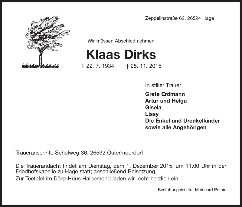  Traueranzeige für Klaas Dirks vom 27.11.2015 aus 