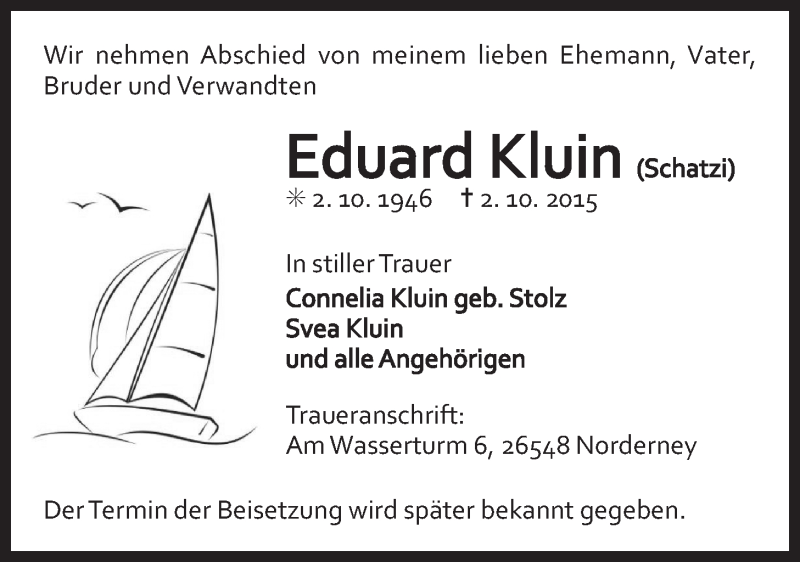  Traueranzeige für Eduard Kluin vom 06.11.2015 aus 