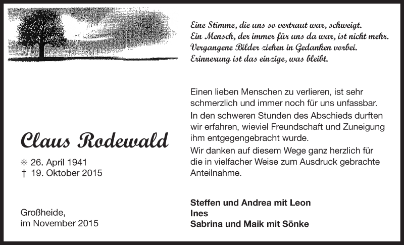  Traueranzeige für Claus Rodewald vom 21.11.2015 aus 