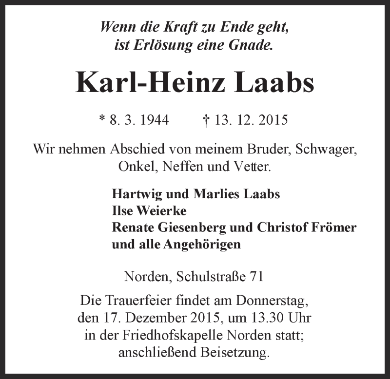  Traueranzeige für Karl-Heinz Laabs vom 16.12.2015 aus 