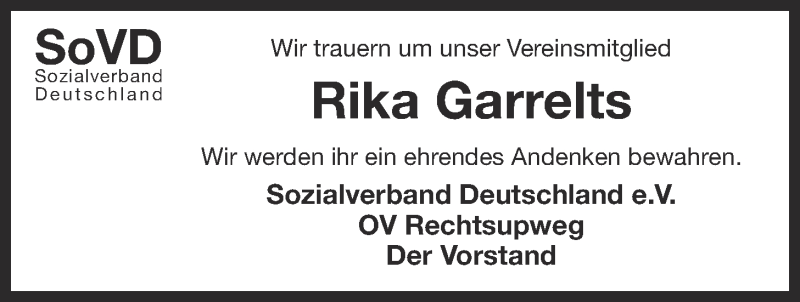 Traueranzeige für Rika Garrelts vom 09.12.2015 aus 