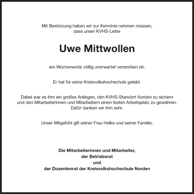  Traueranzeige für Uwe Mittwollen vom 01.12.2015 aus 