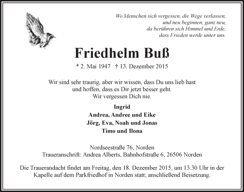  Traueranzeige für Friedhelm Buß vom 15.12.2015 aus 