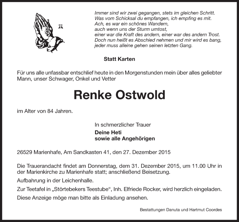  Traueranzeige für Renke Ostwold vom 29.12.2015 aus 