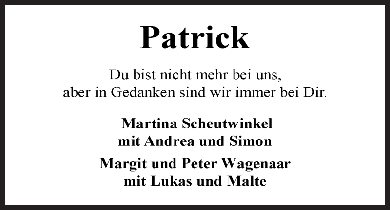  Traueranzeige für Patrick Scheutwinkel vom 28.12.2015 aus Ostfrisischer Kurier