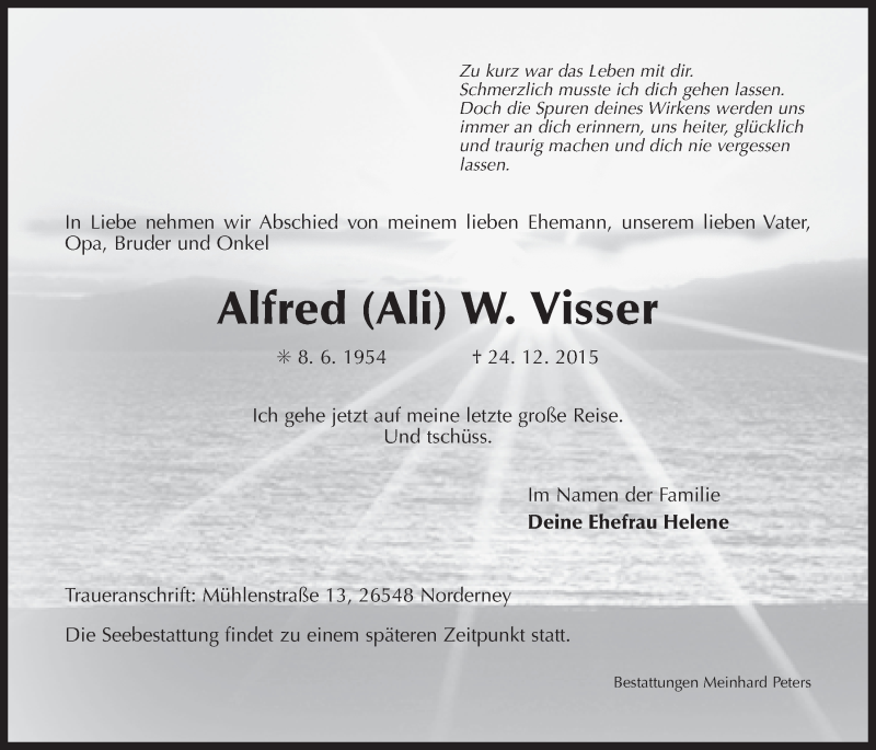  Traueranzeige für Alfred Visser vom 29.12.2015 aus 