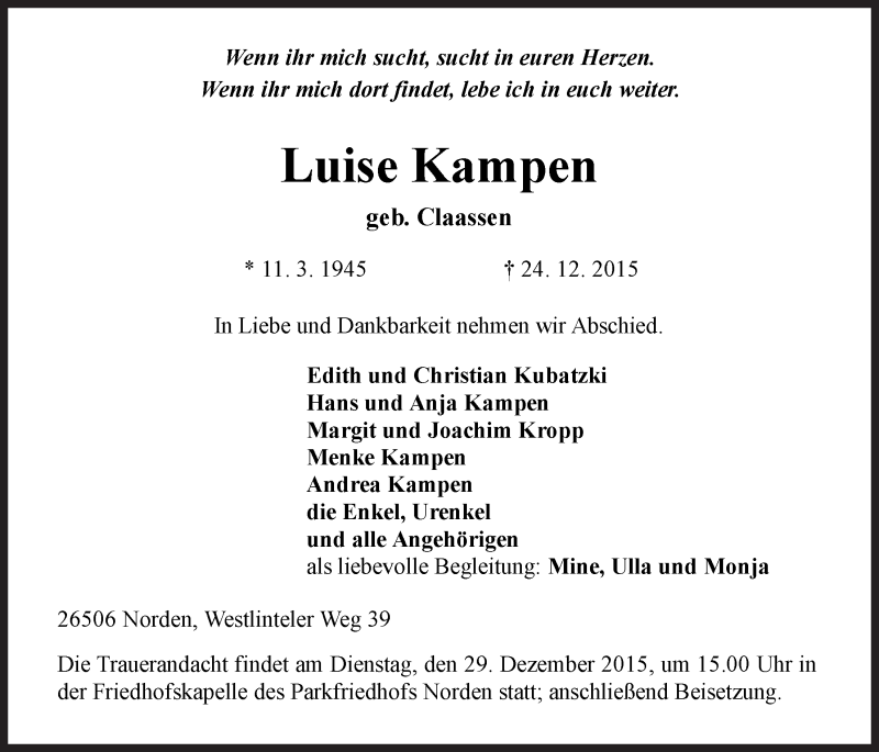  Traueranzeige für Luise Kampen vom 28.12.2015 aus Ostfrisischer Kurier