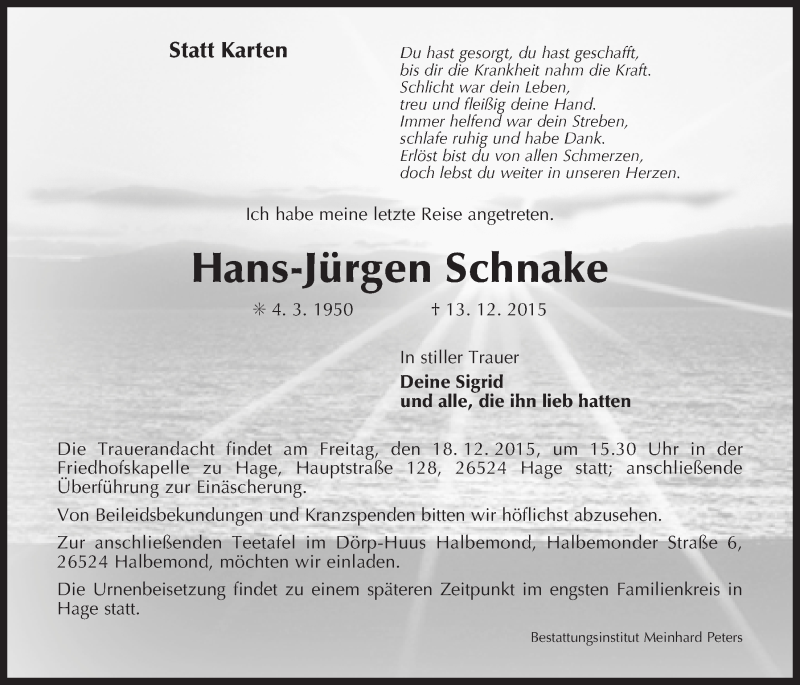  Traueranzeige für Hans-Jürgen Schnake vom 15.12.2015 aus 