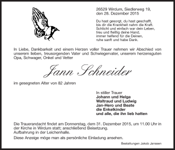 Traueranzeige von Jann Schneider 