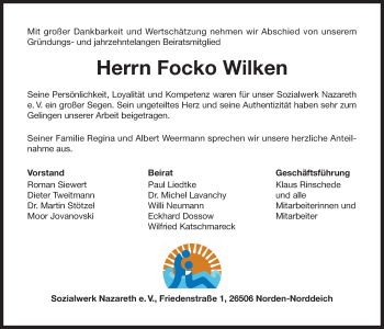 Traueranzeige von Focko Wilken 