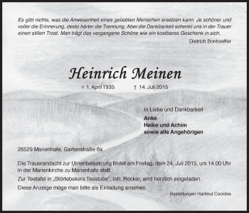 Traueranzeige von Heinrich Meinen 