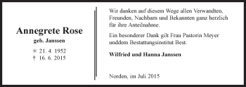 Traueranzeige von Annegrete Rose 