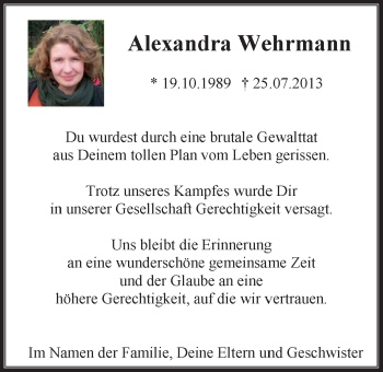 Traueranzeige von Alexandra Wehrmann 