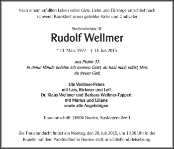 Traueranzeige von Rudolf Wellmer 