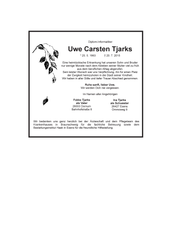 Traueranzeige von Uwe Carsten Tjarks 