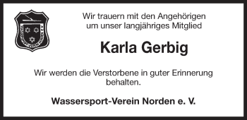 Traueranzeige von Karla Gerbig 