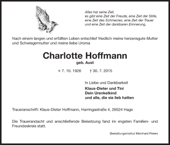 Traueranzeige von Charlotte Hoffmann 