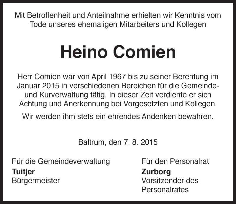  Traueranzeige für Heino Comien vom 08.08.2015 aus 