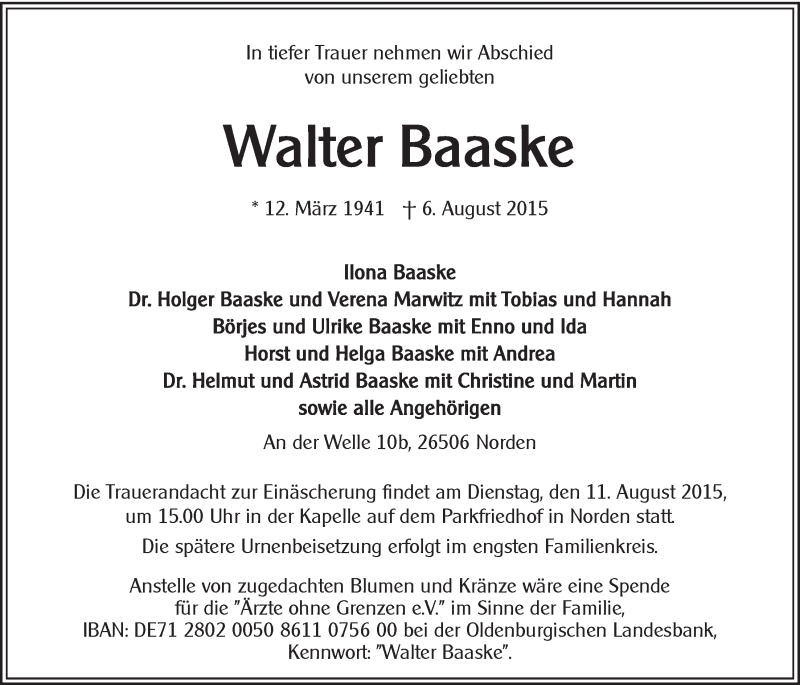  Traueranzeige für Walter Baaske vom 08.08.2015 aus 