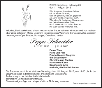 Traueranzeige von Poppe Schneider 