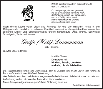 Traueranzeige von Gretje Linnemann 
