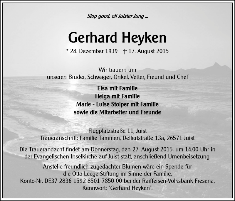  Traueranzeige für Gerhard Heyken vom 19.08.2015 aus 