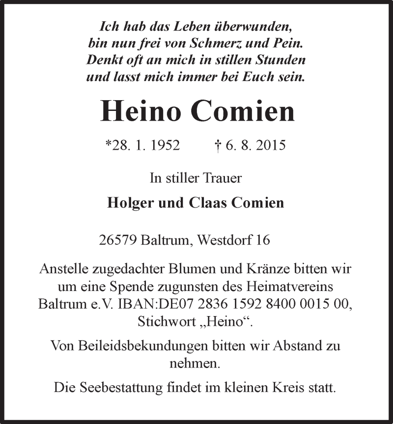  Traueranzeige für Heino Comien vom 08.08.2015 aus 