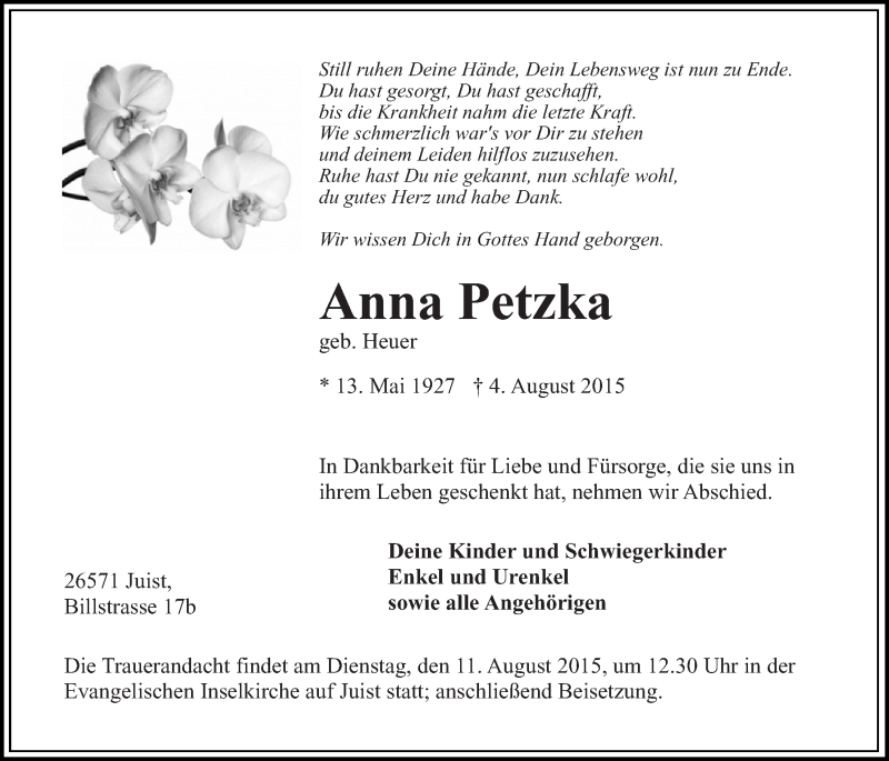  Traueranzeige für Anna Petzka vom 08.08.2015 aus 