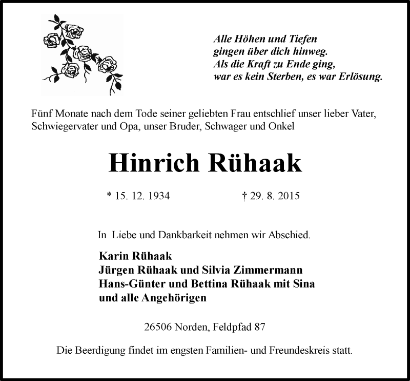  Traueranzeige für Hinrich Rühaak vom 01.09.2015 aus 
