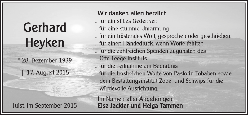  Traueranzeige für Gerhard Heyken vom 26.09.2015 aus 