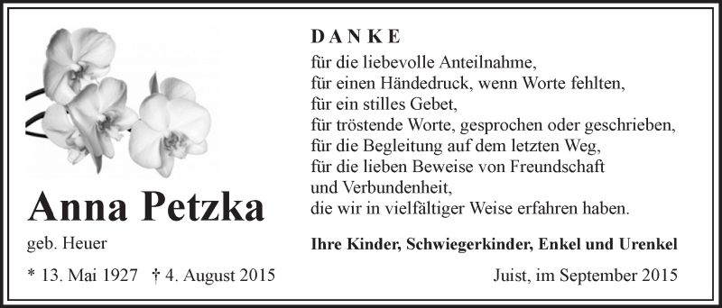  Traueranzeige für Anna Petzka vom 12.09.2015 aus 