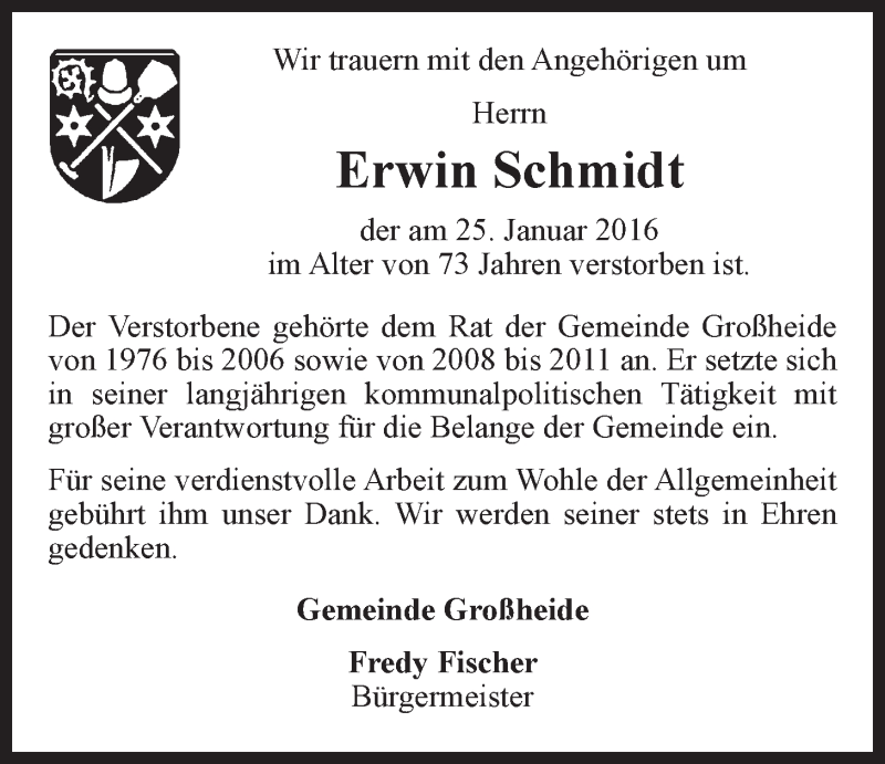  Traueranzeige für Erwin  Schmidt vom 27.01.2016 aus 