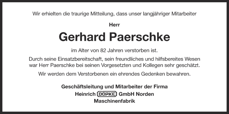  Traueranzeige für Gerhard Paerschke vom 28.01.2016 aus 