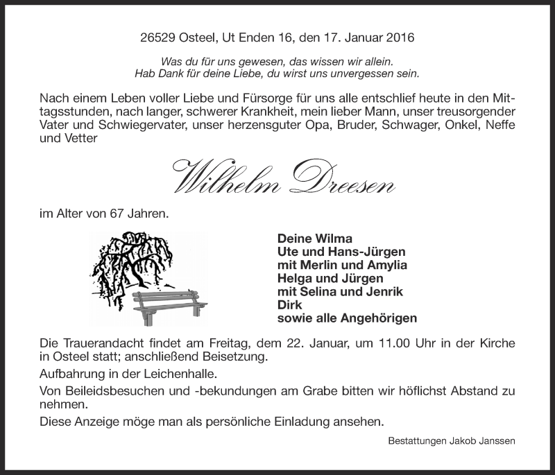  Traueranzeige für Wilhelm Dreesen vom 19.01.2016 aus 