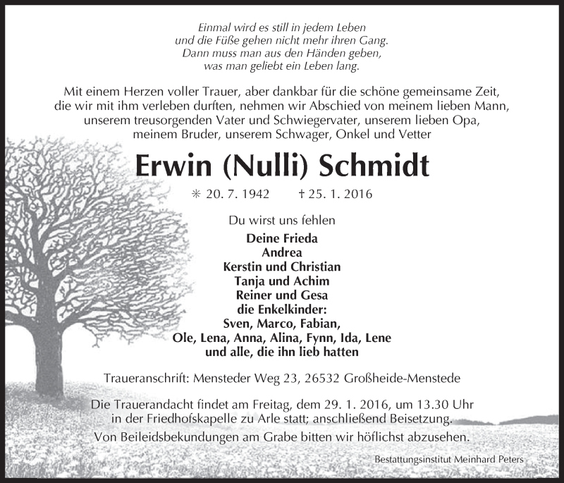  Traueranzeige für Erwin  Schmidt vom 26.01.2016 aus 