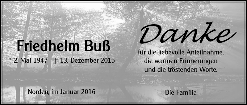  Traueranzeige für Friedhelm Buß vom 16.01.2016 aus 
